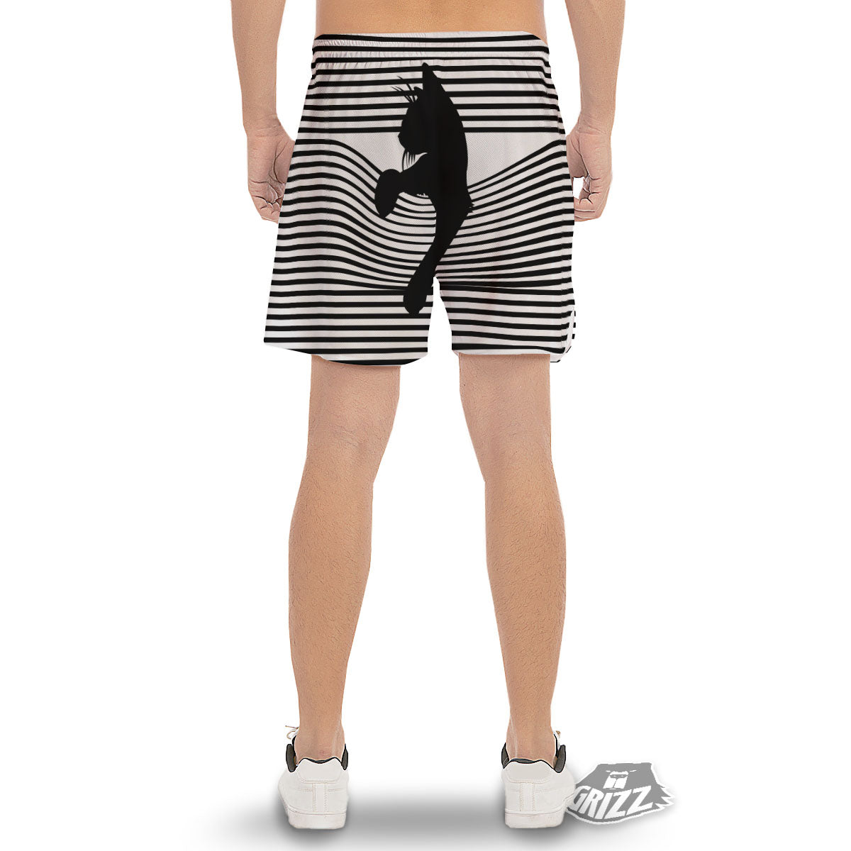 Striped Black Cat Print Men's Gym Shorts-grizzshop