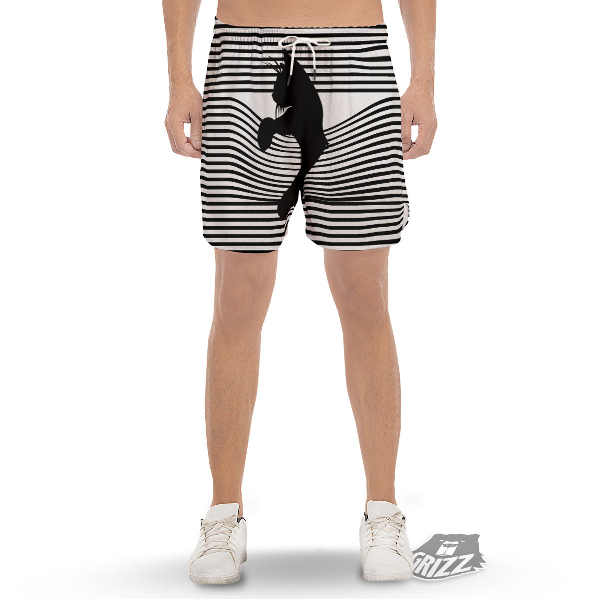 Striped Black Cat Print Men's Gym Shorts-grizzshop
