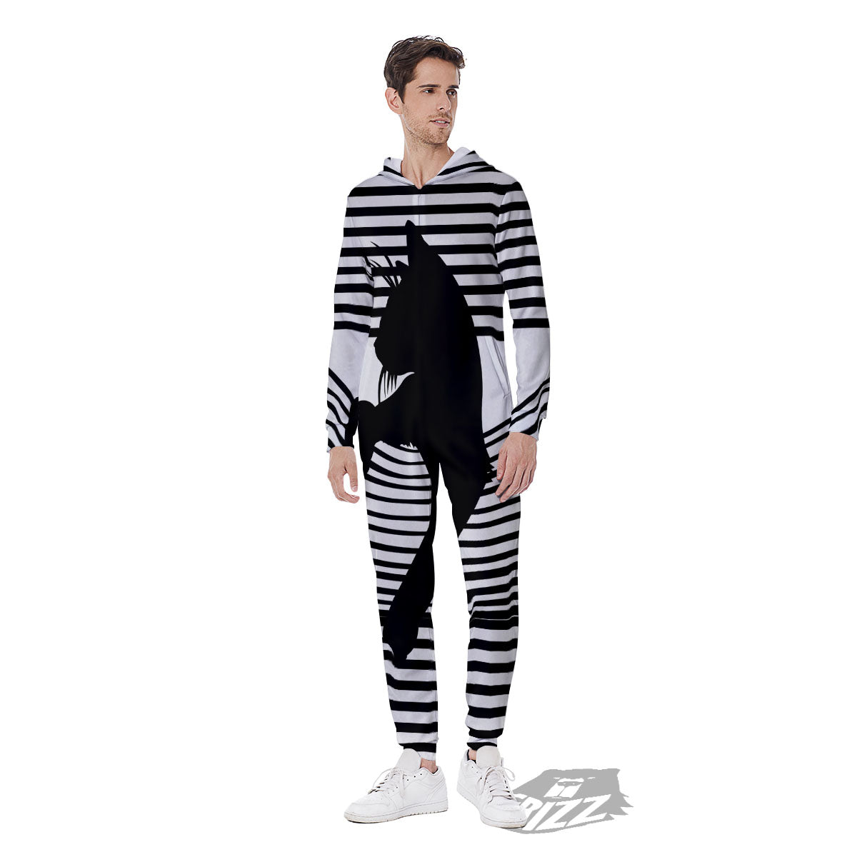 Striped Black Cat Print Men's Jumpsuit-grizzshop
