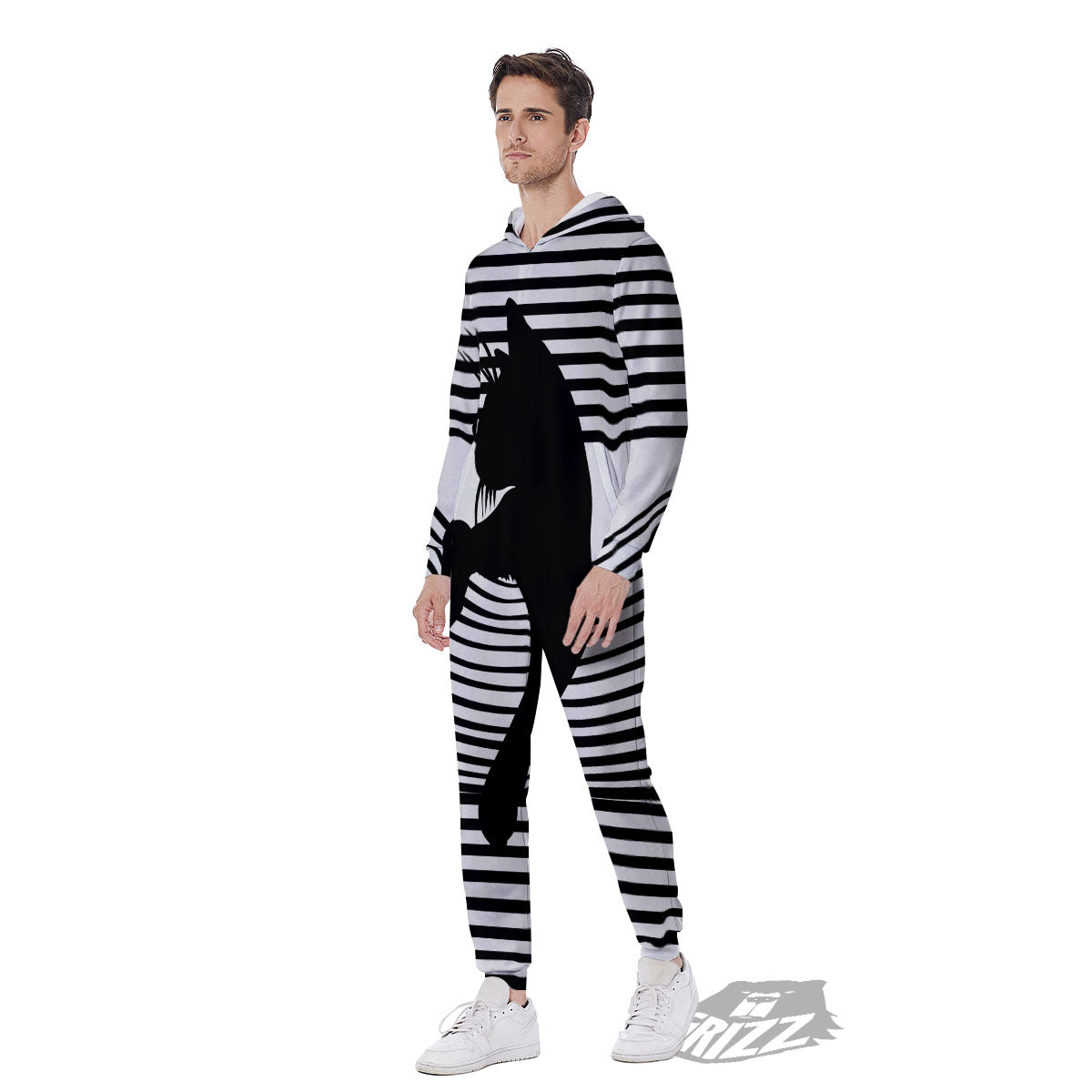 Striped Black Cat Print Men's Jumpsuit-grizzshop