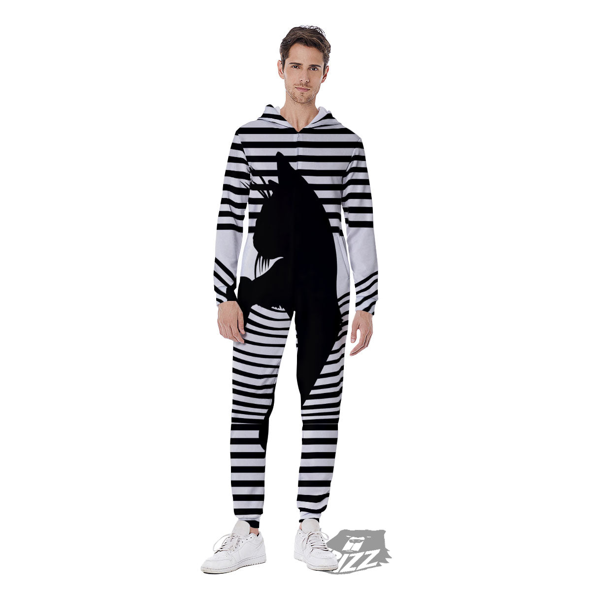 Striped Black Cat Print Men's Jumpsuit-grizzshop