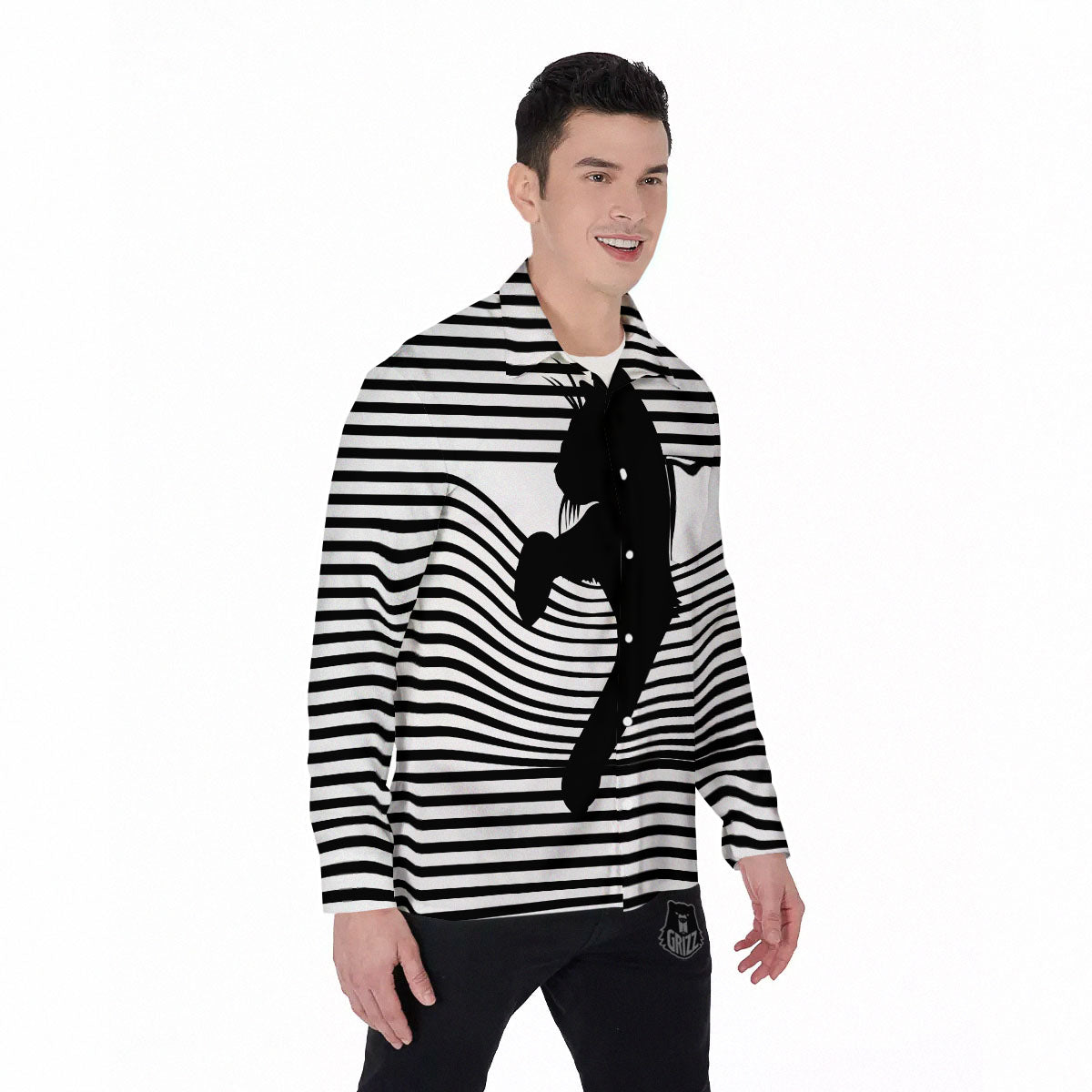 Striped Black Cat Print Men's Long Sleeve Shirts-grizzshop