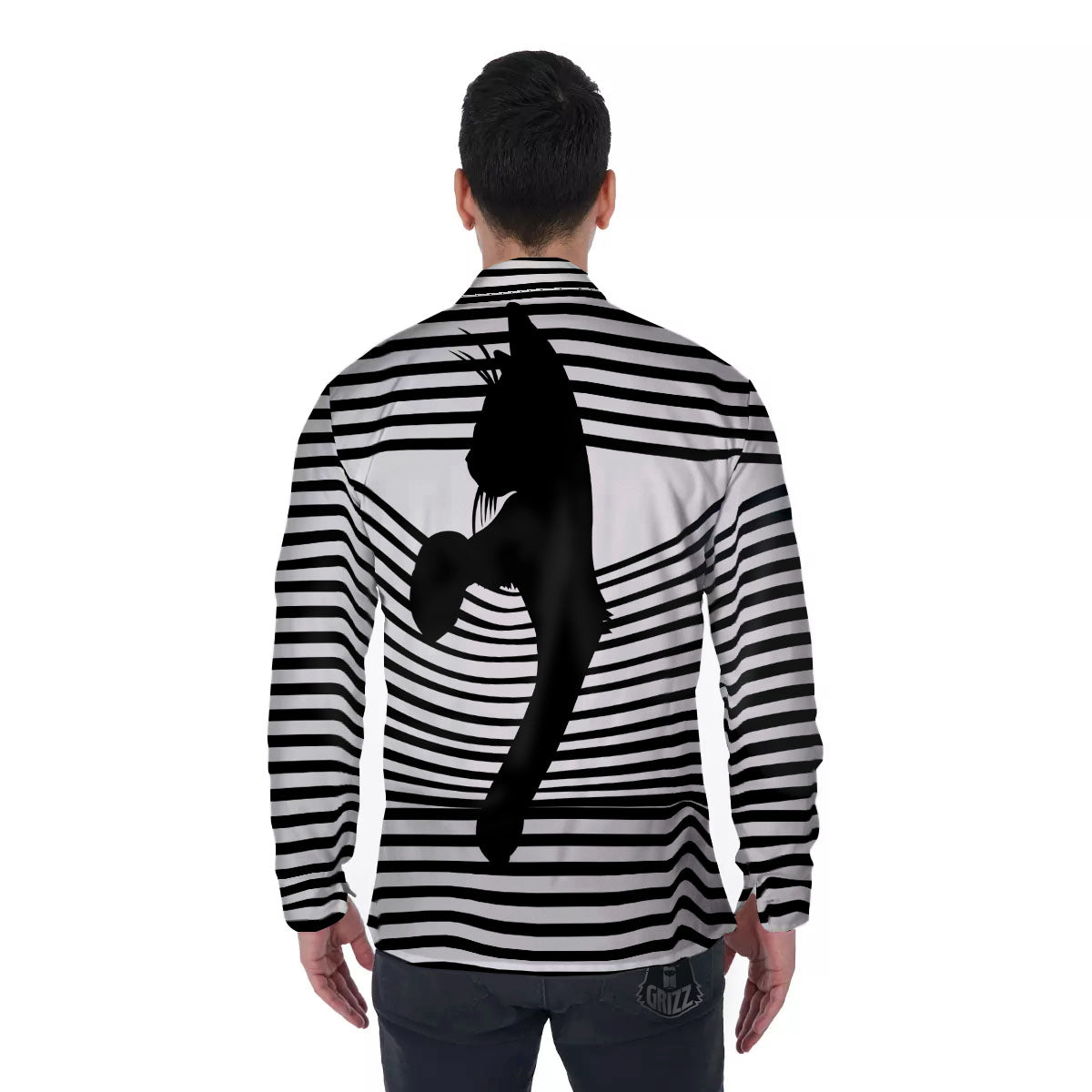 Striped Black Cat Print Men's Long Sleeve Shirts-grizzshop