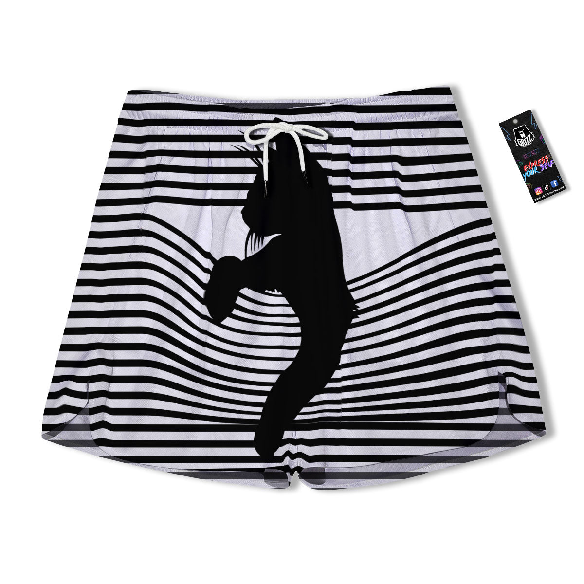 Striped Black Cat Print Men's Running Shorts-grizzshop