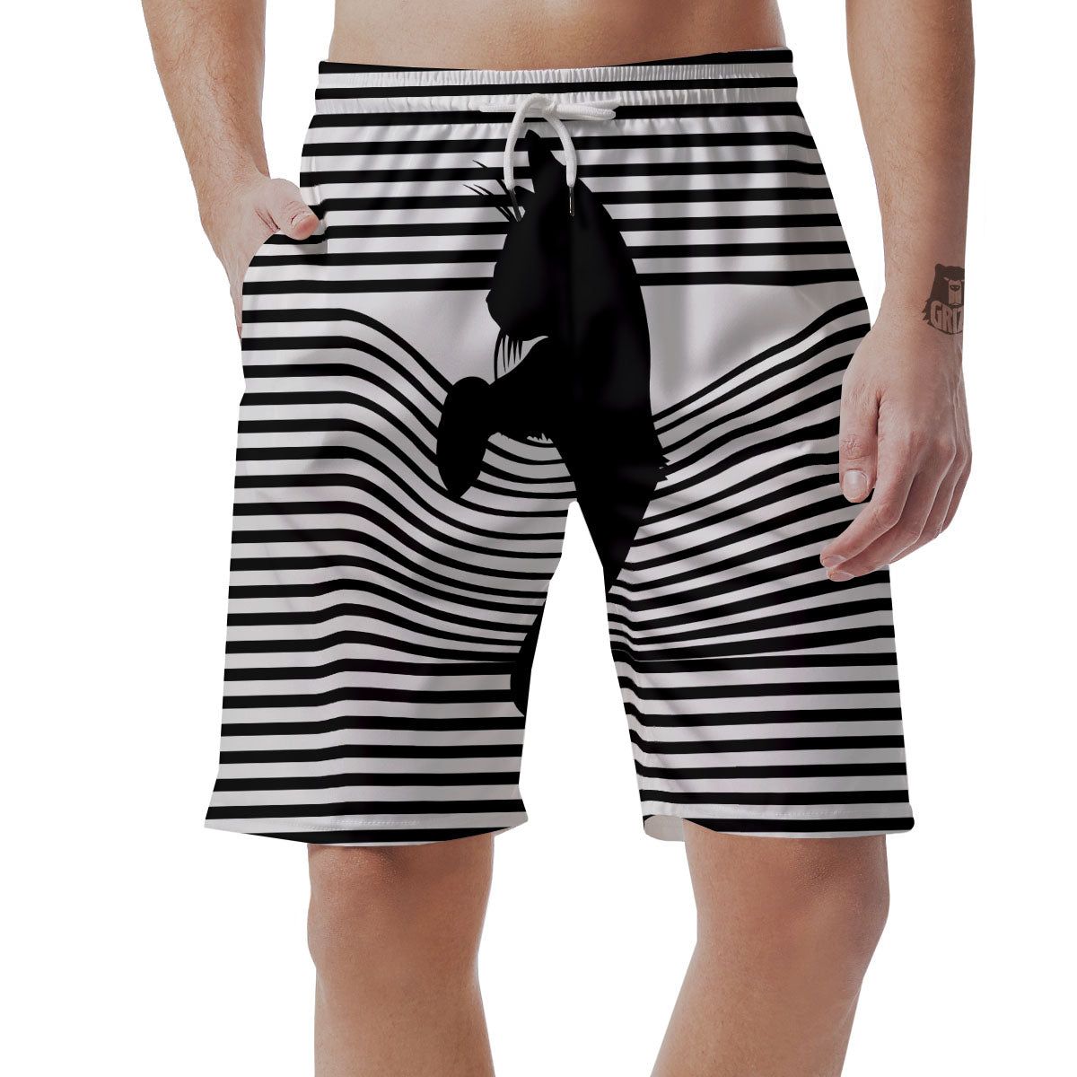 Striped Black Cat Print Men's Shorts-grizzshop
