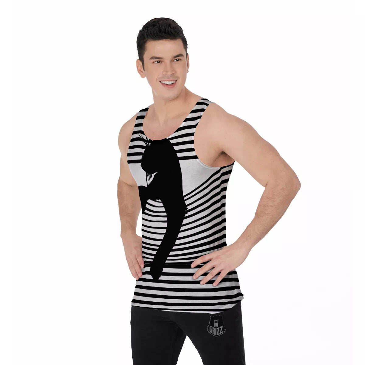 Striped Black Cat Print Men's Tank Top-grizzshop
