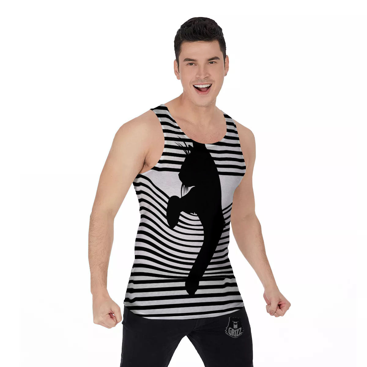 Striped Black Cat Print Men's Tank Top-grizzshop