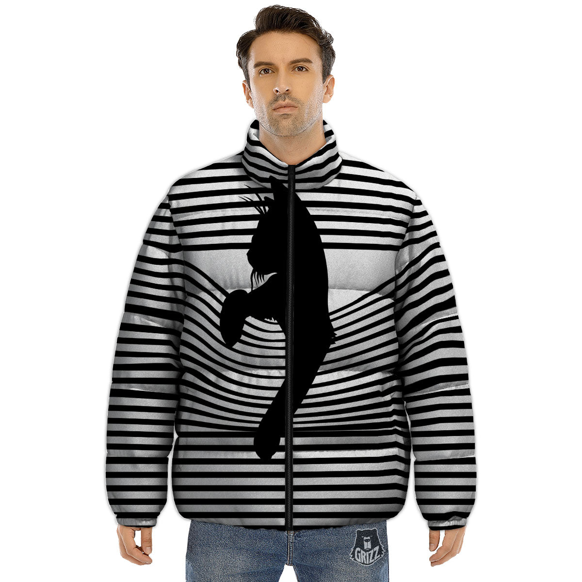 Striped Black Cat Print Puffer Jacket-grizzshop