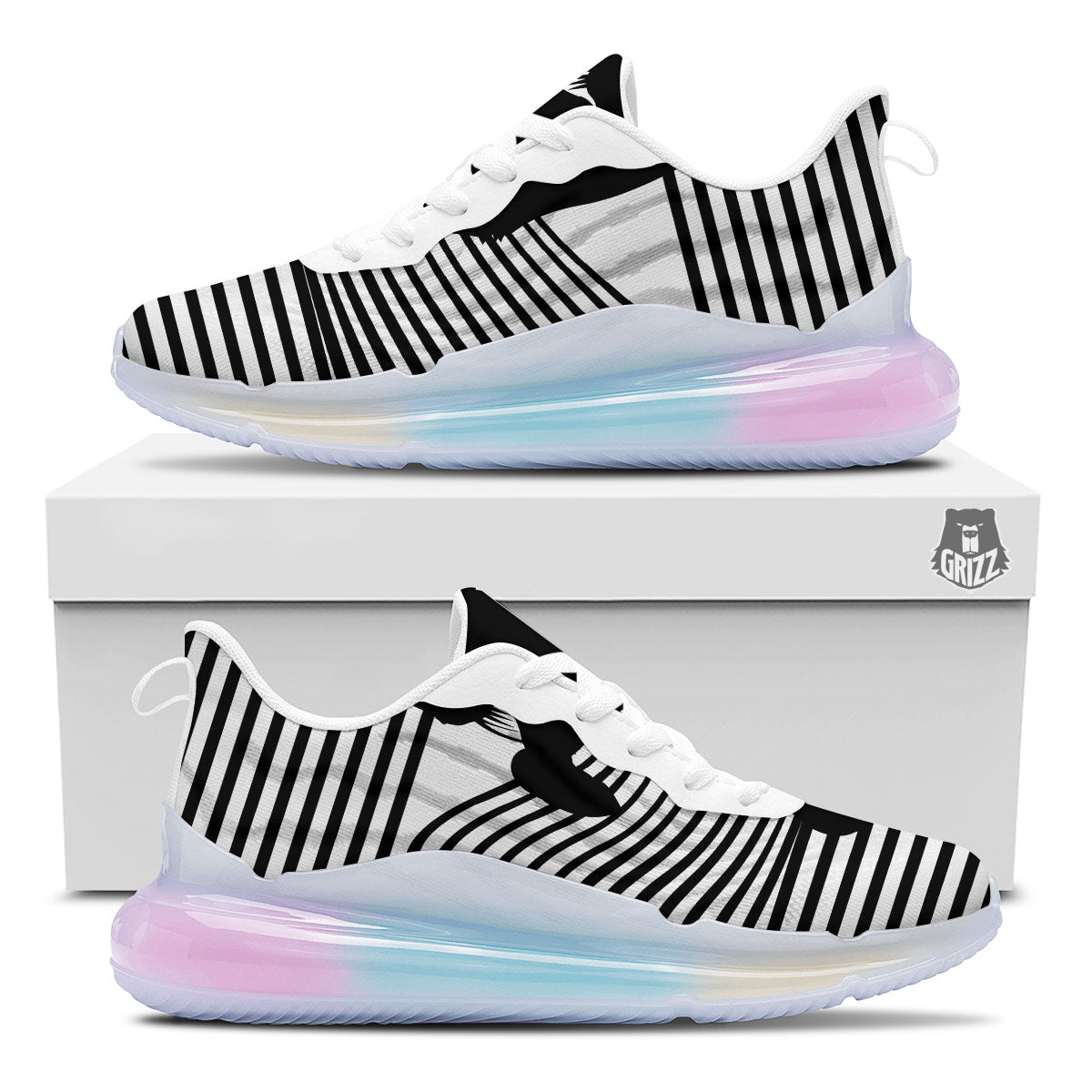 Striped Black Cat Print Running Sneakers-grizzshop