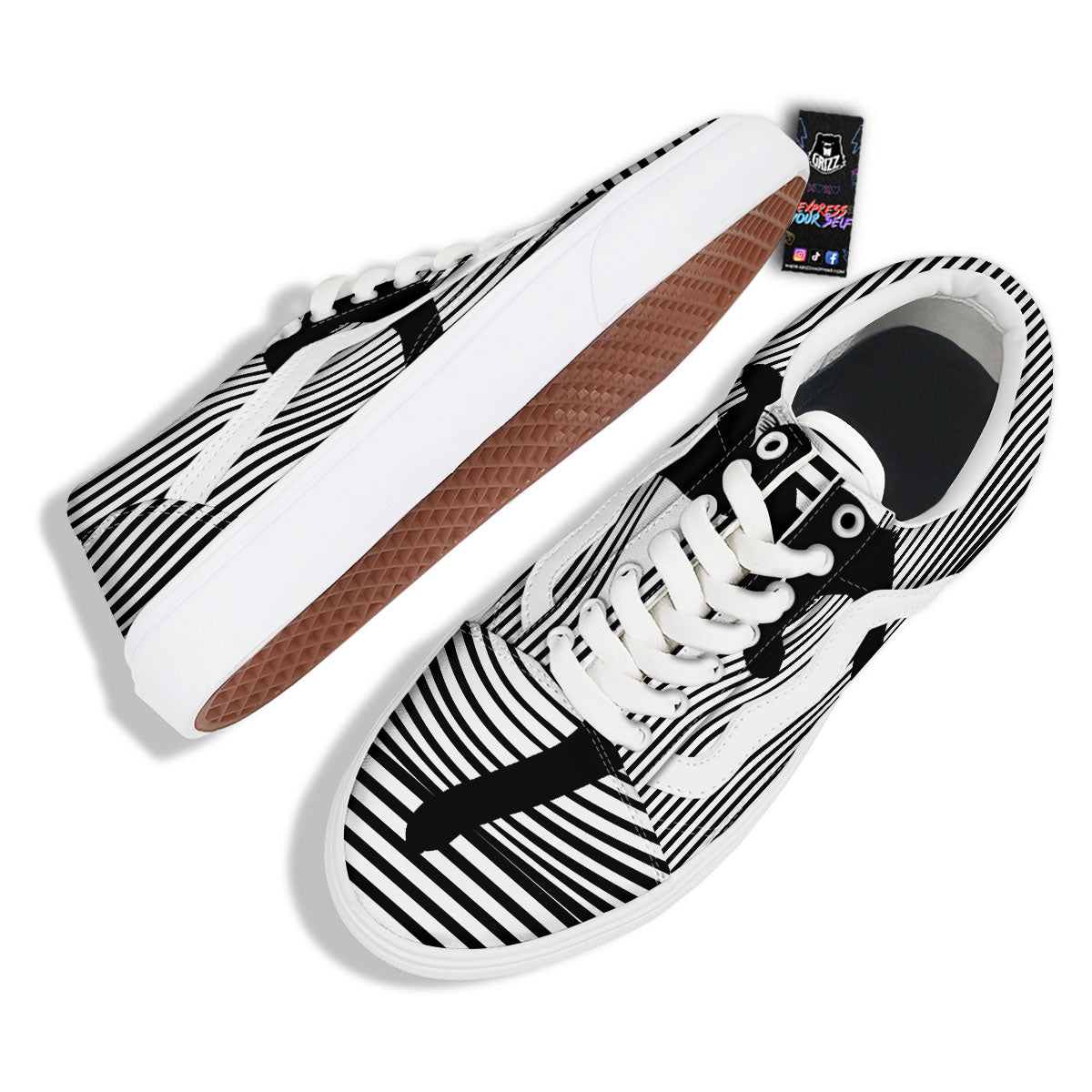Striped Black Cat Print Skate Shoes-grizzshop