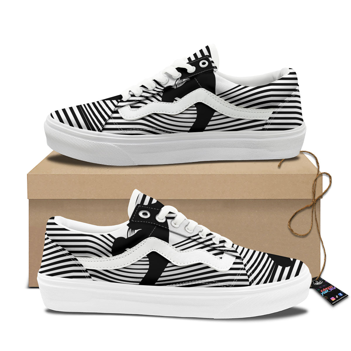 Striped Black Cat Print Skate Shoes-grizzshop