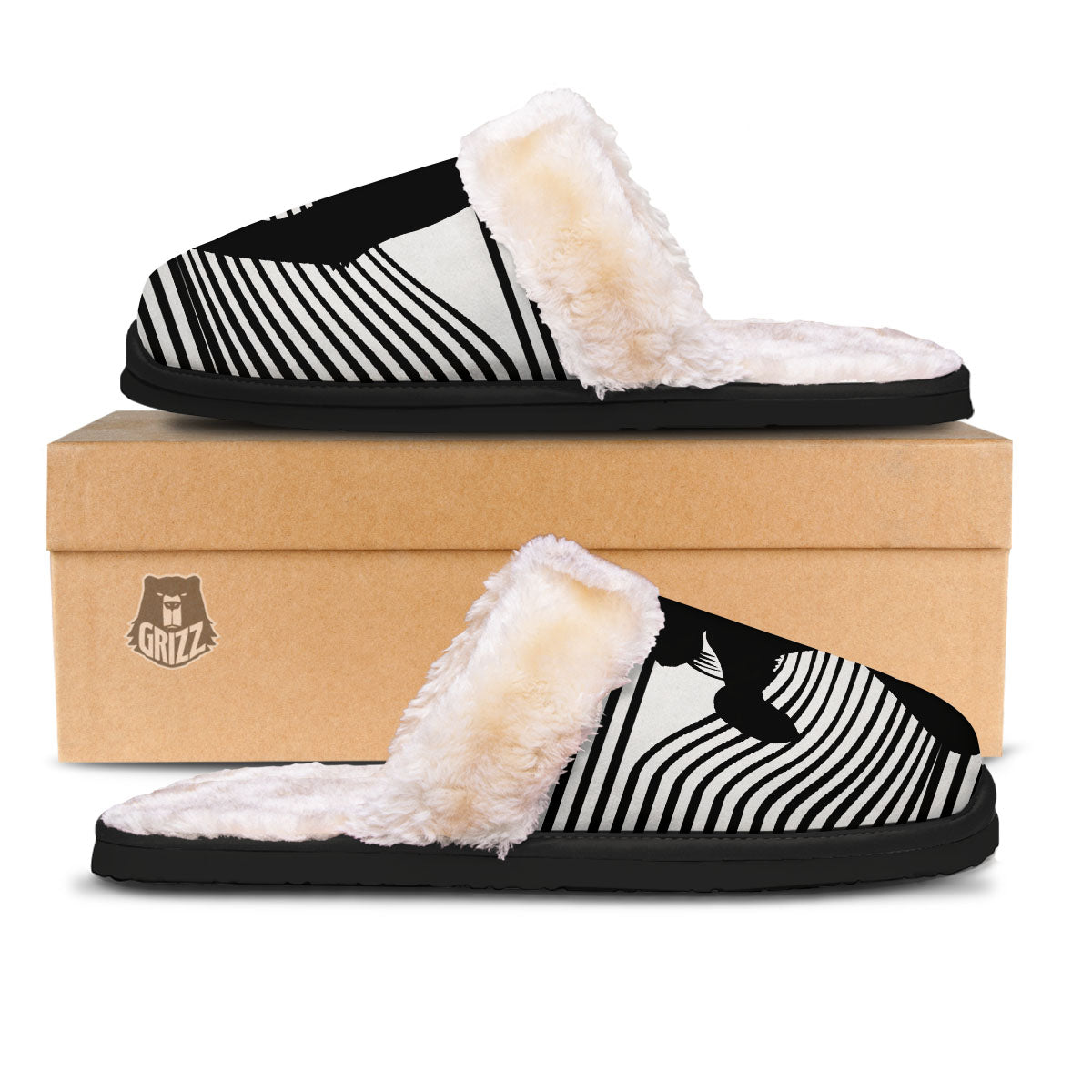Striped Black Cat Print Slippers-grizzshop