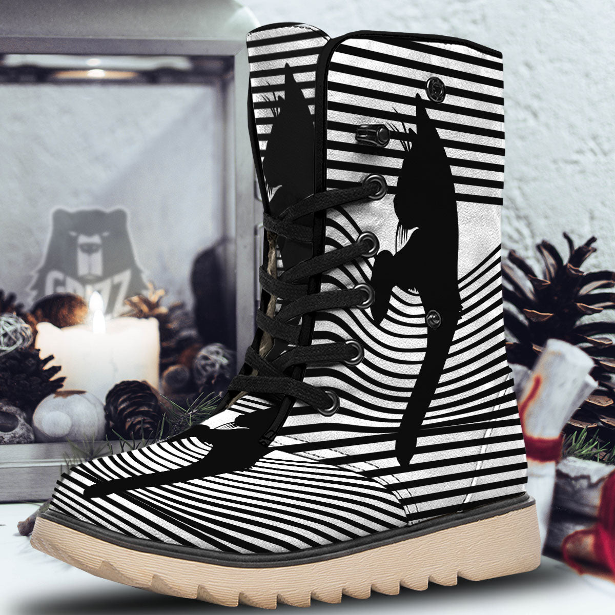 Striped Black Cat Print Snow Boots-grizzshop