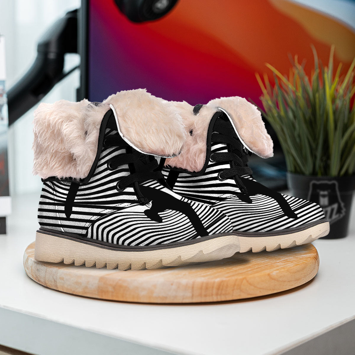 Striped Black Cat Print Snow Boots-grizzshop