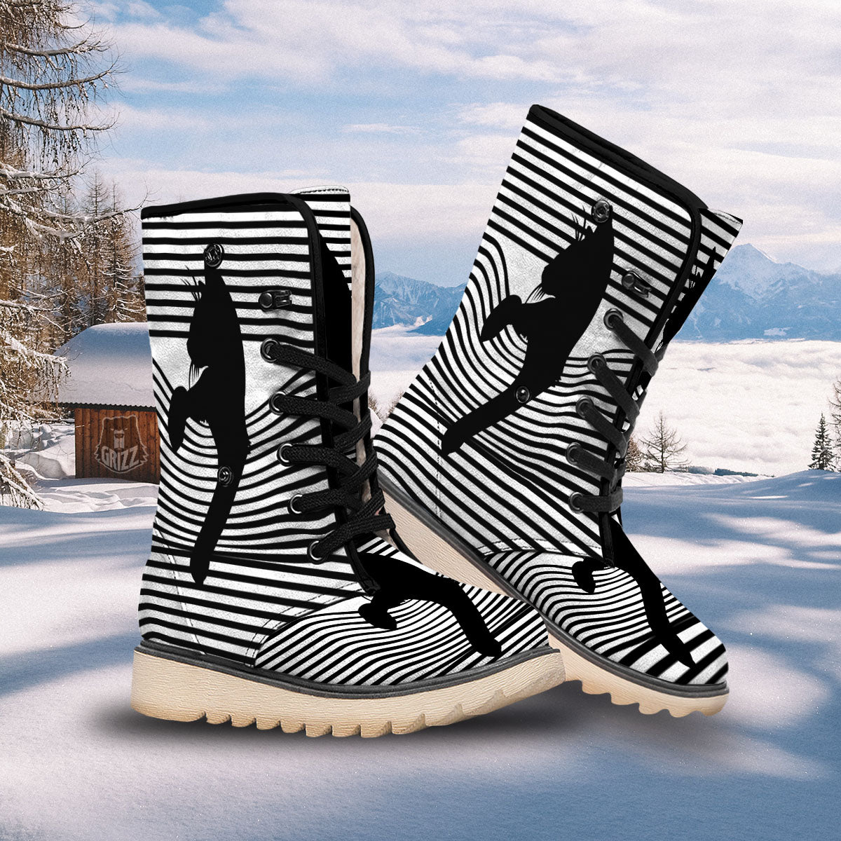 Striped Black Cat Print Snow Boots-grizzshop