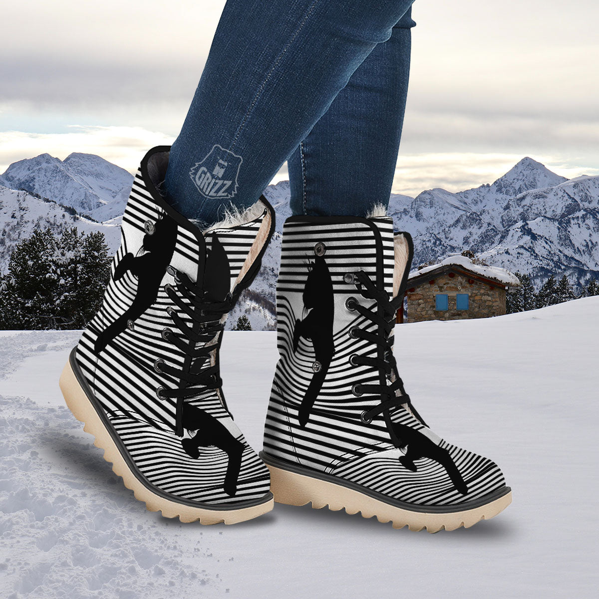 Striped Black Cat Print Snow Boots-grizzshop