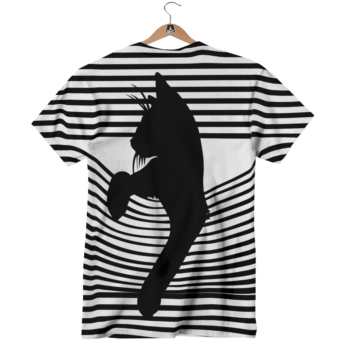 Striped Black Cat Print T-Shirt-grizzshop