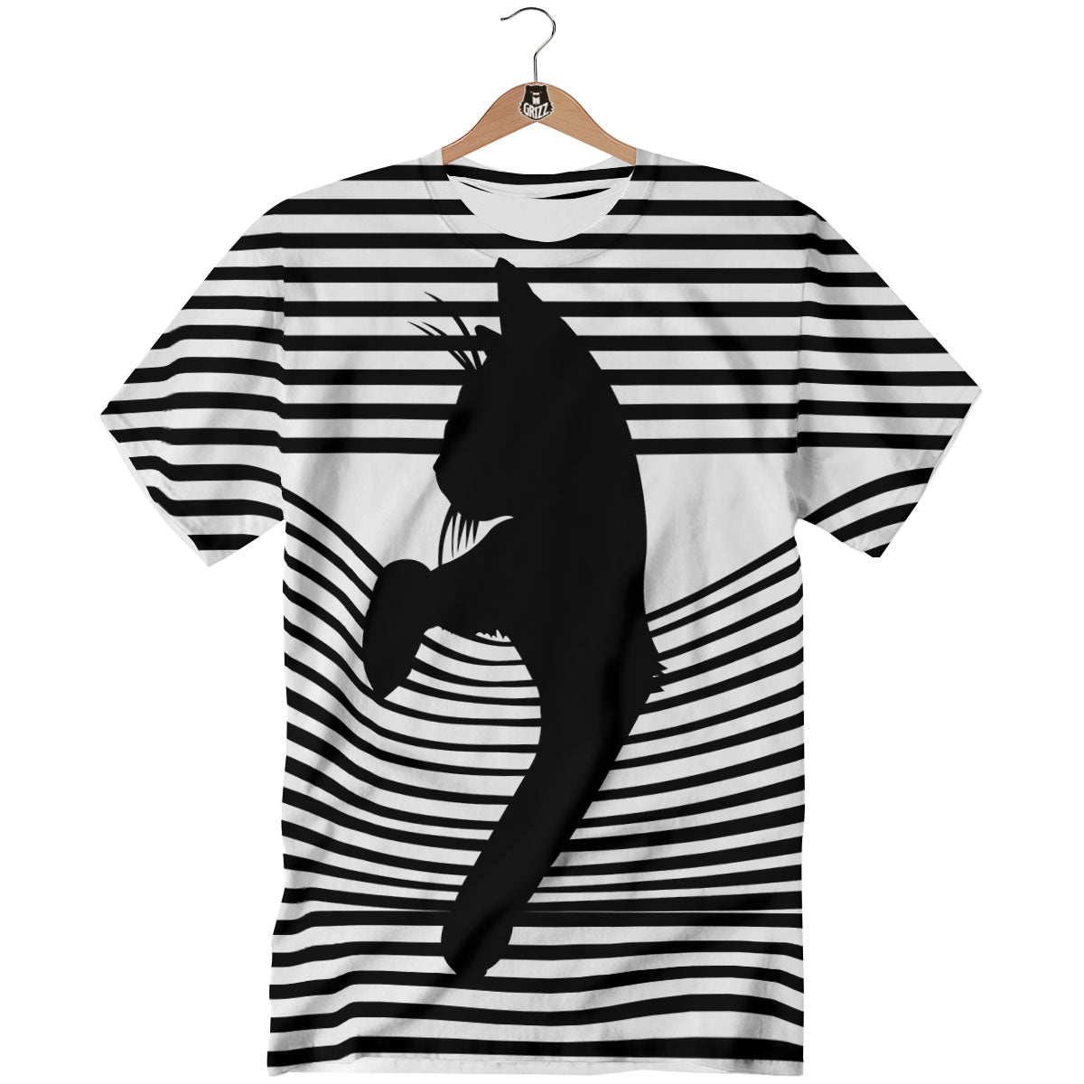 Striped Black Cat Print T-Shirt-grizzshop