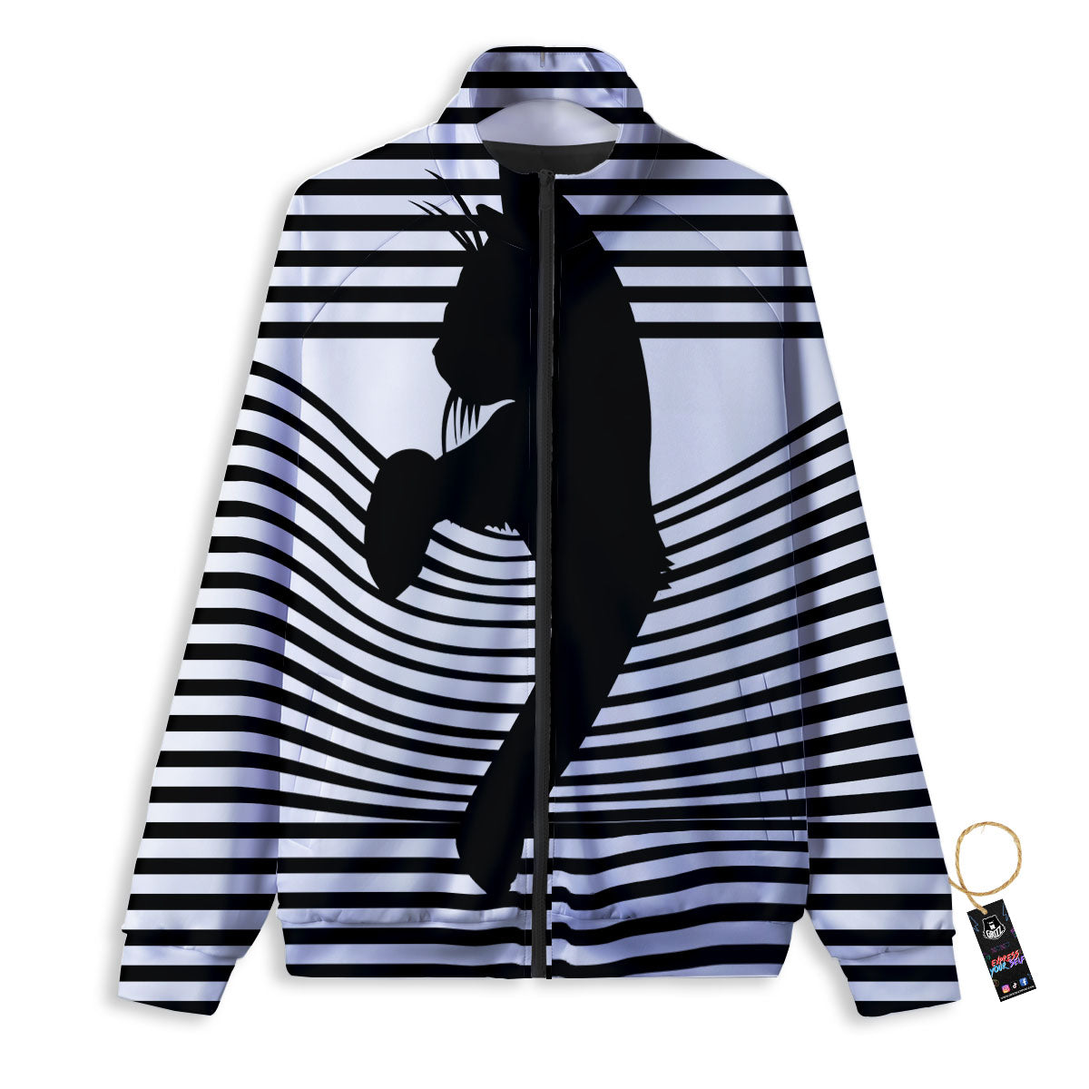 Striped Black Cat Print Track Jacket-grizzshop