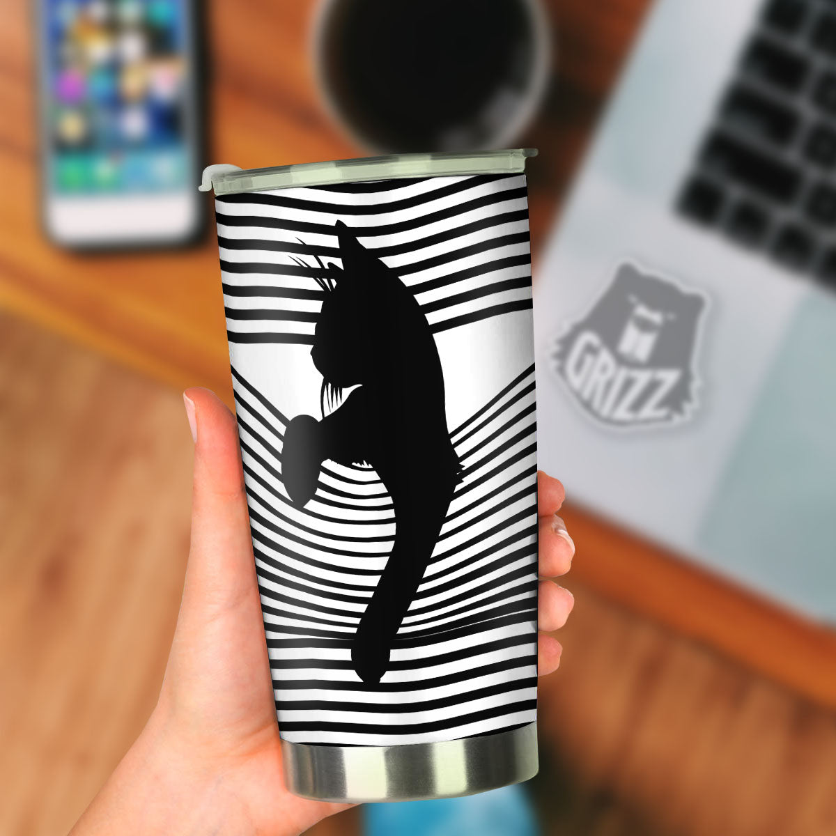 Striped Black Cat Print Tumbler-grizzshop