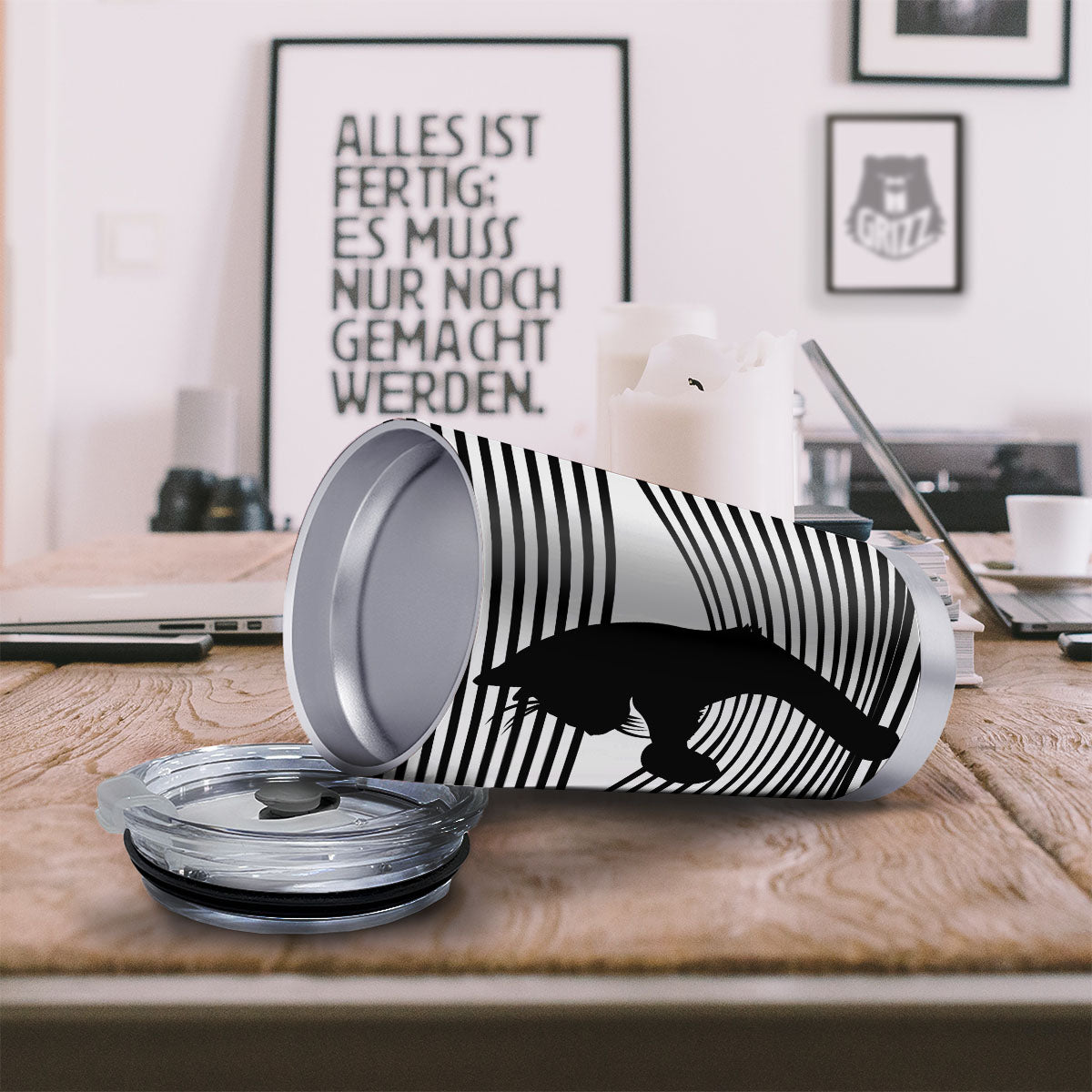 Striped Black Cat Print Tumbler-grizzshop