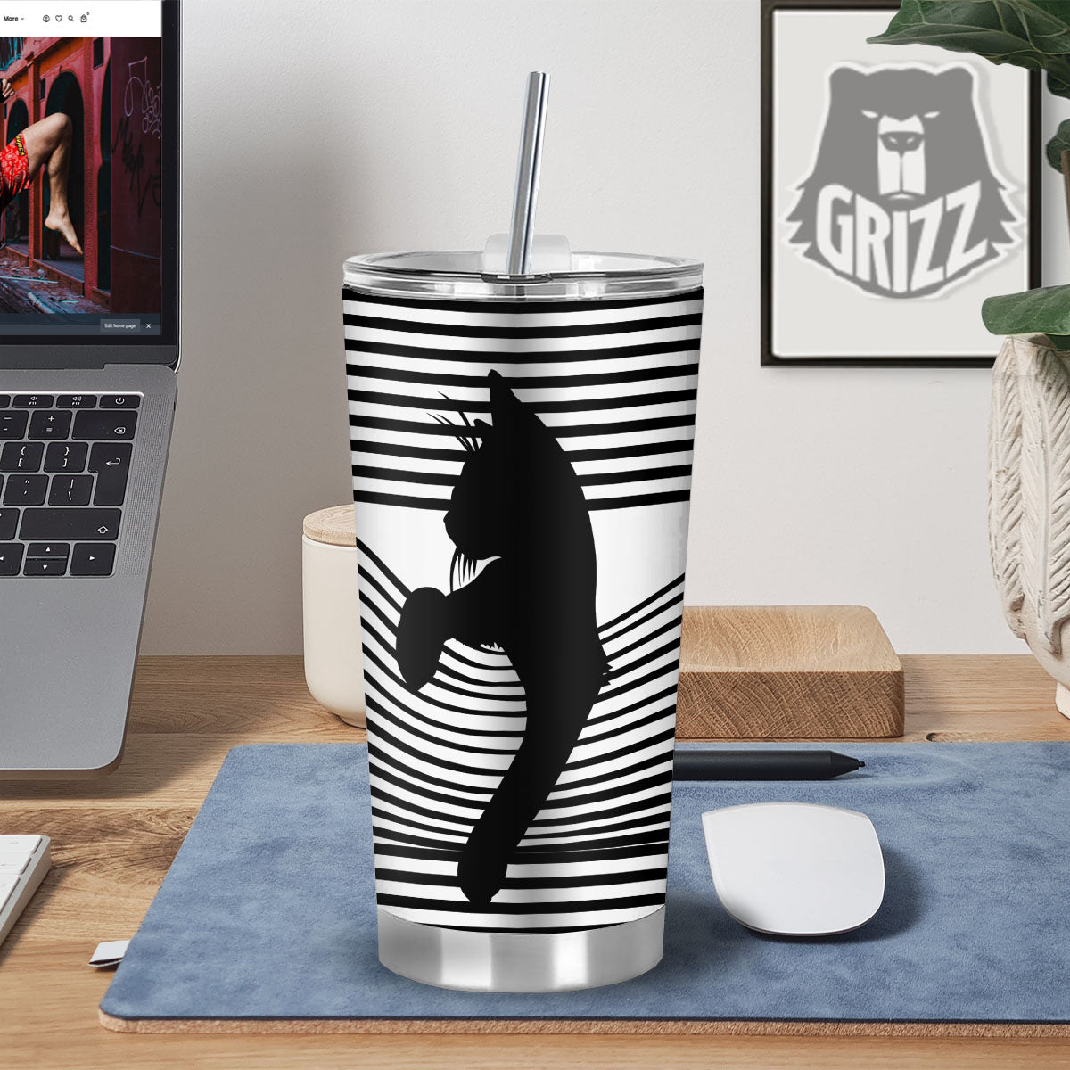 Striped Black Cat Print Tumbler-grizzshop