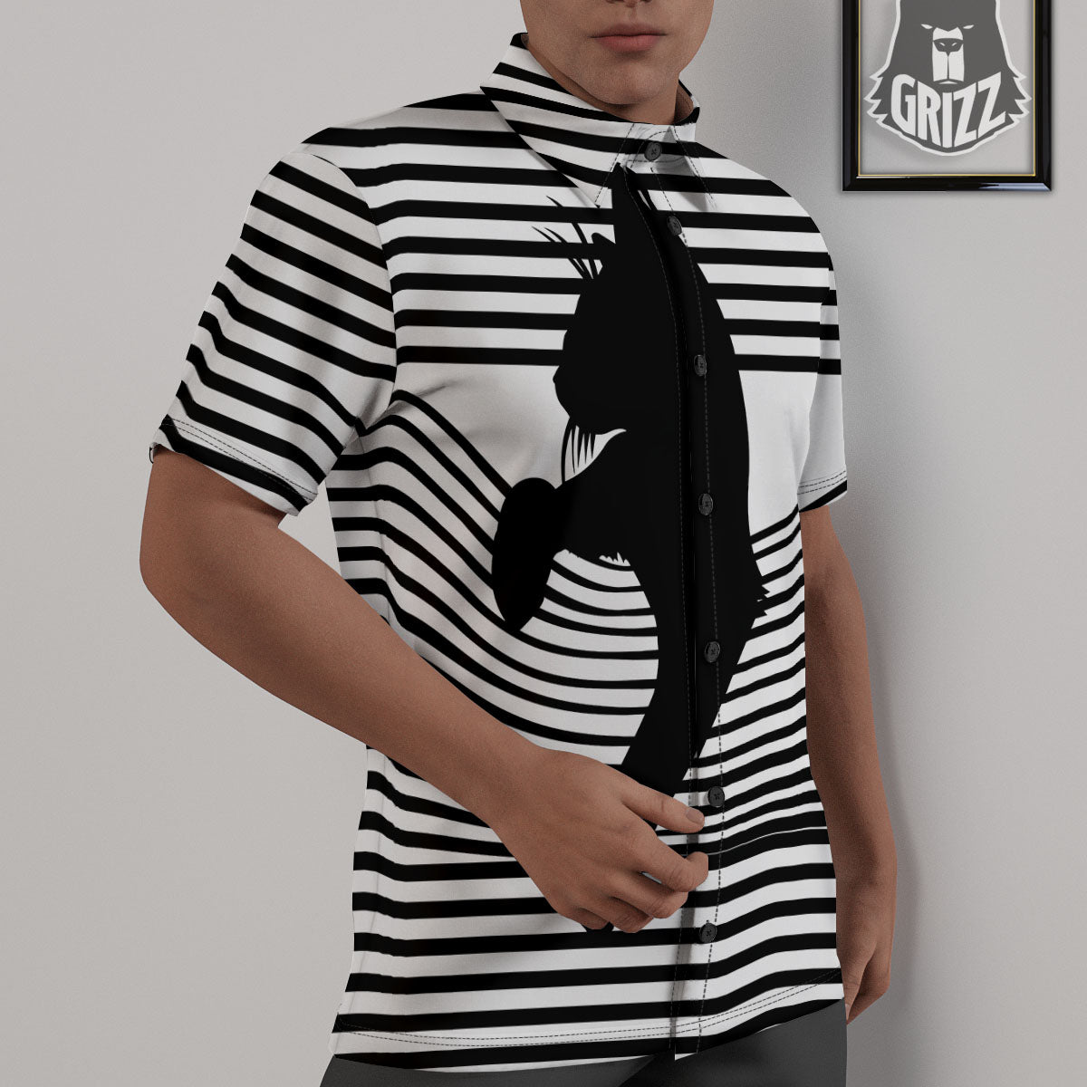 Striped Black Cat Print Untucked Shirts-grizzshop