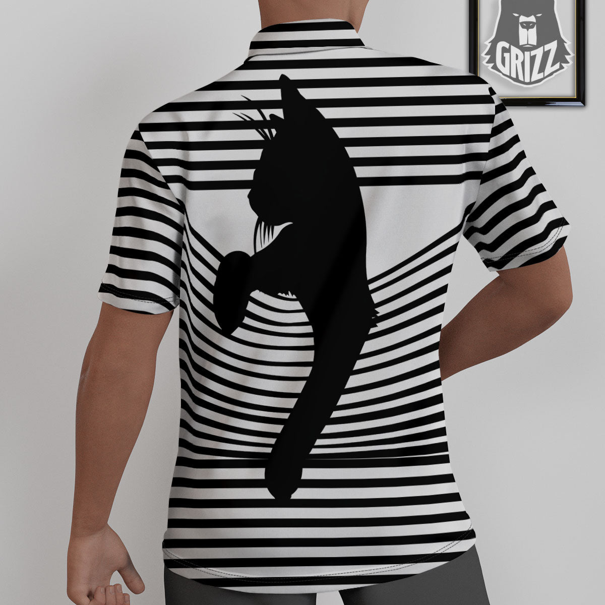Striped Black Cat Print Untucked Shirts-grizzshop