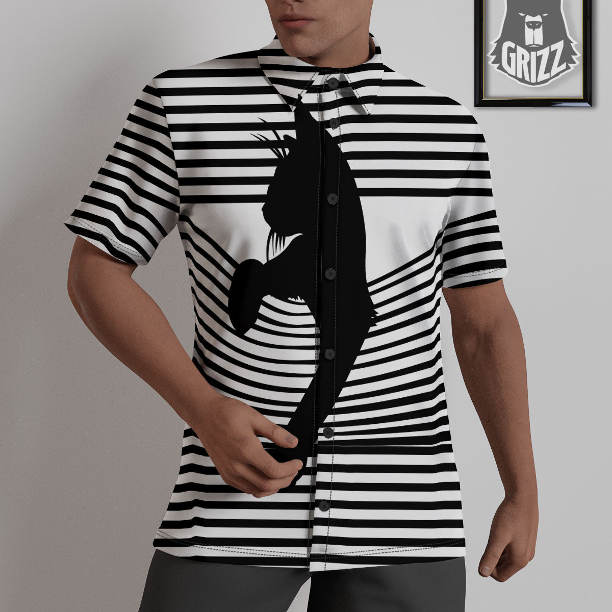 Striped Black Cat Print Untucked Shirts-grizzshop