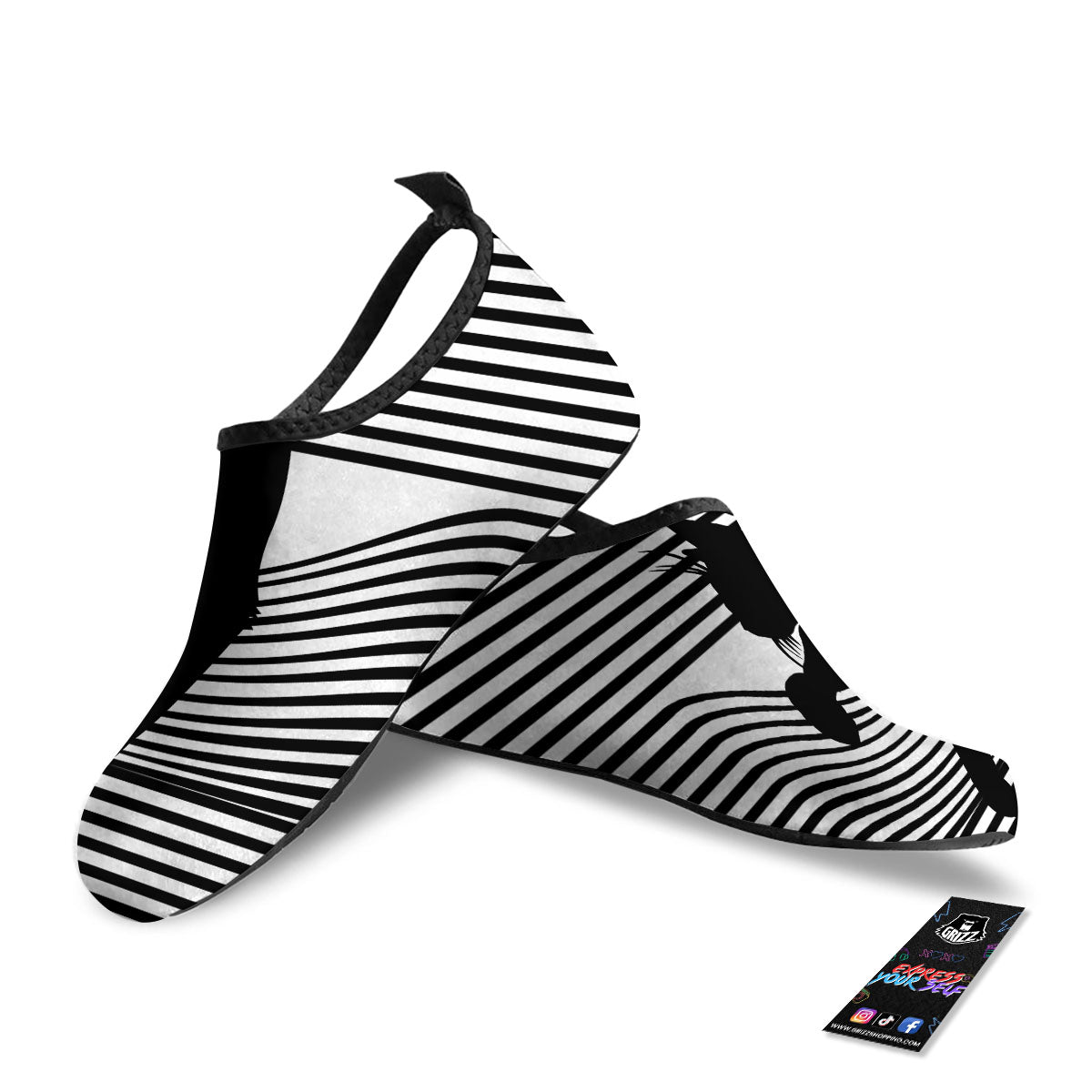 Striped Black Cat Print Water Shoes-grizzshop