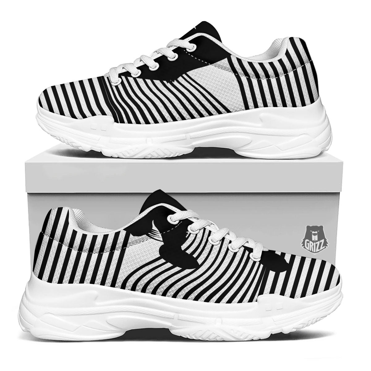 Striped Black Cat Print White Chunky Shoes-grizzshop
