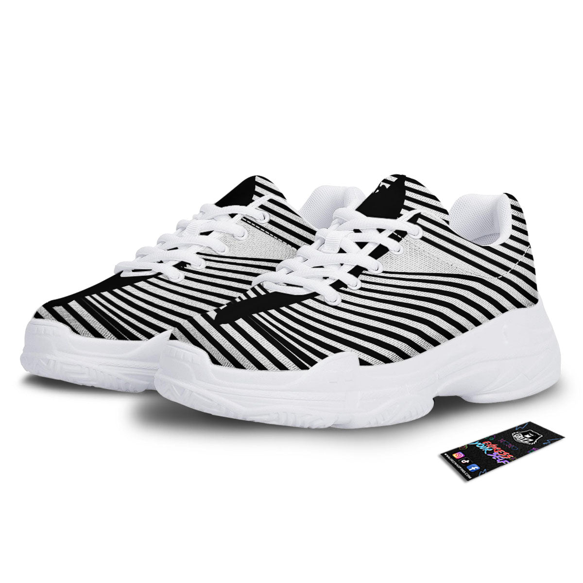 Striped Black Cat Print White Chunky Shoes-grizzshop