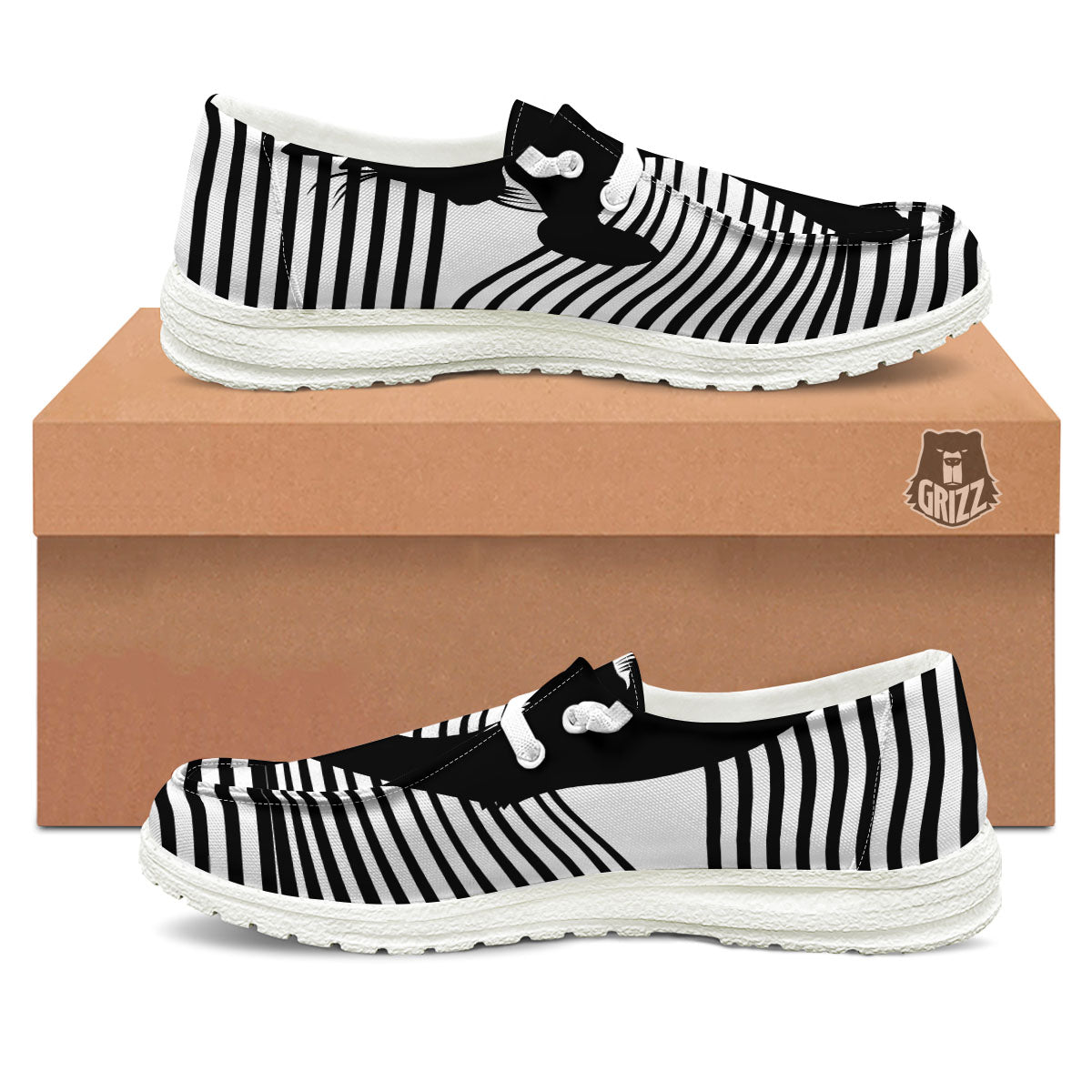 Striped Black Cat Print White Loafers-grizzshop