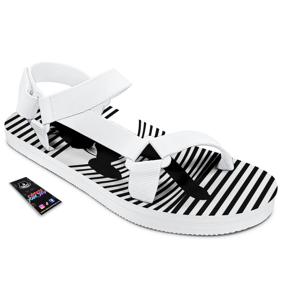 Striped Black Cat Print White Open Toe Sandals-grizzshop