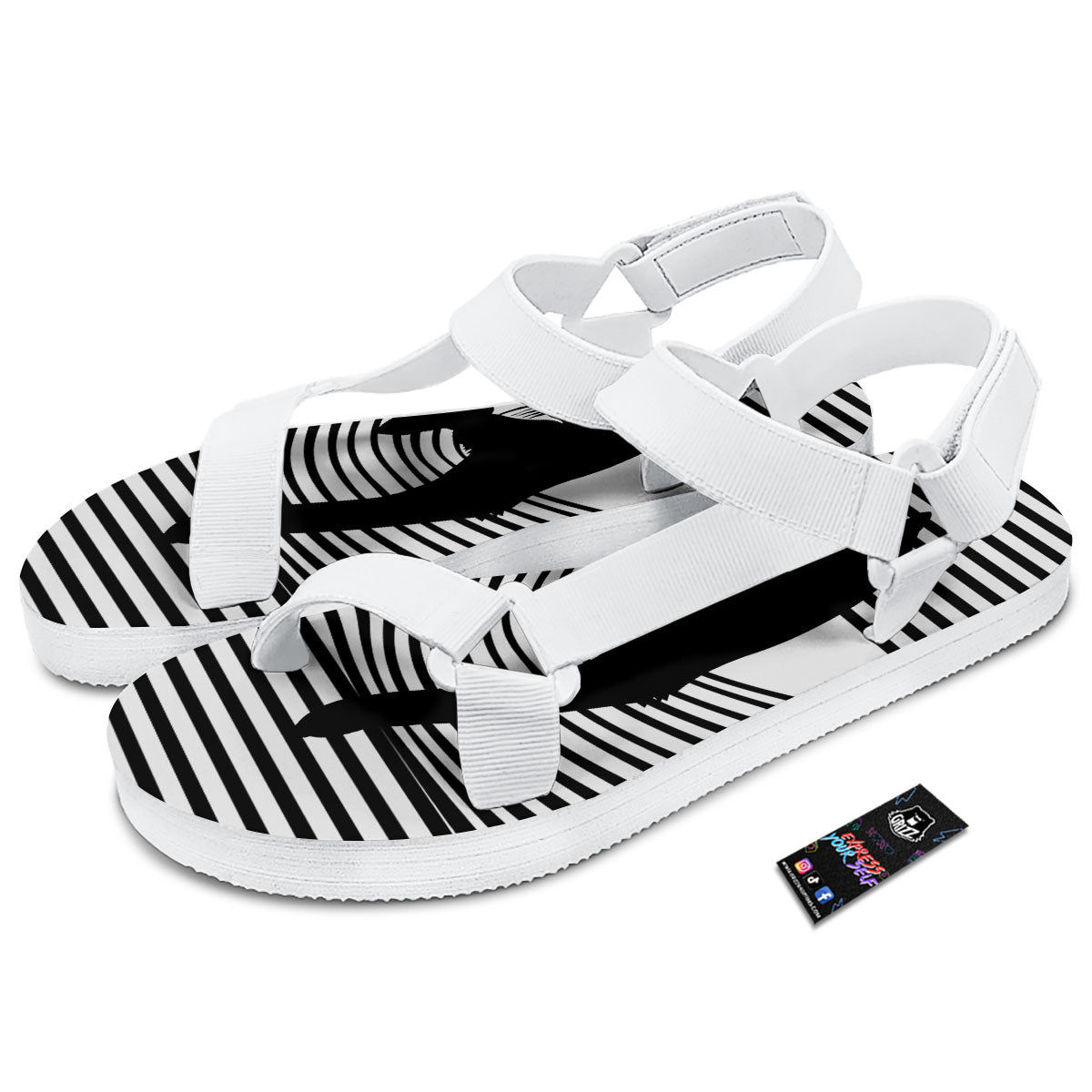 Striped Black Cat Print White Open Toe Sandals-grizzshop