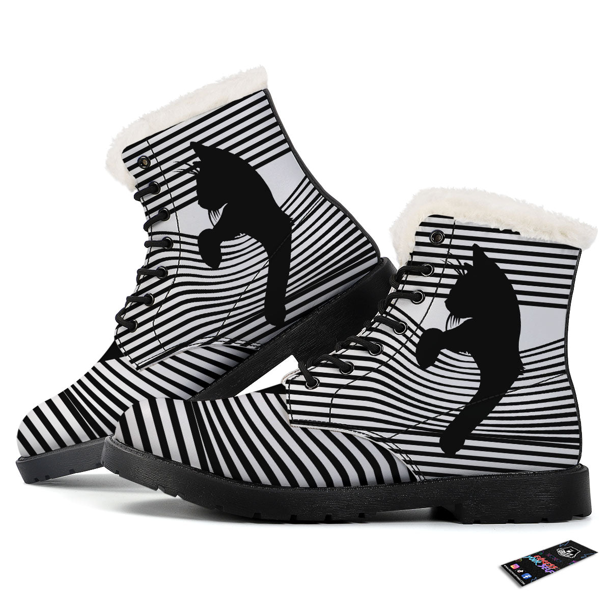 Striped Black Cat Print Winter Boots-grizzshop