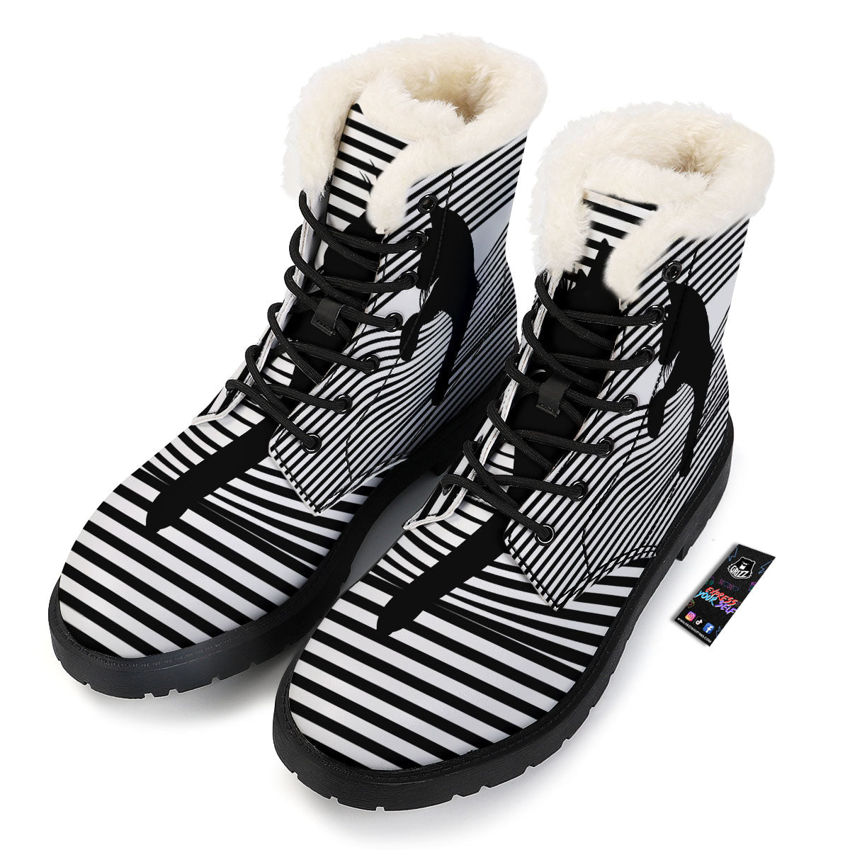 Striped Black Cat Print Winter Boots-grizzshop