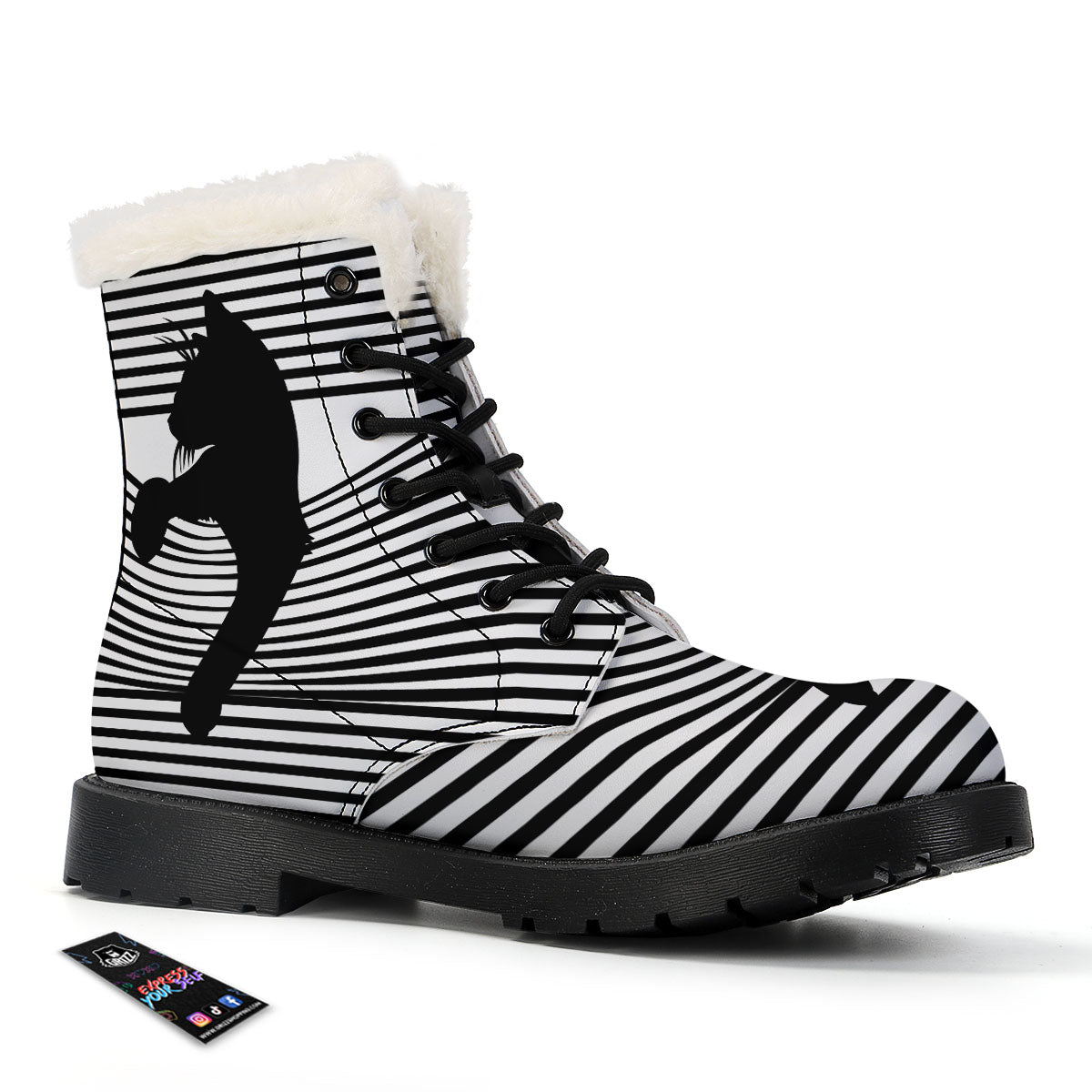 Striped Black Cat Print Winter Boots-grizzshop