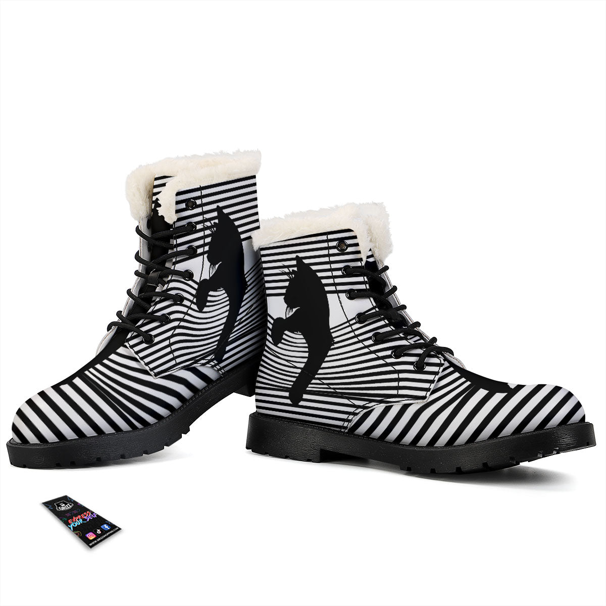 Striped Black Cat Print Winter Boots-grizzshop