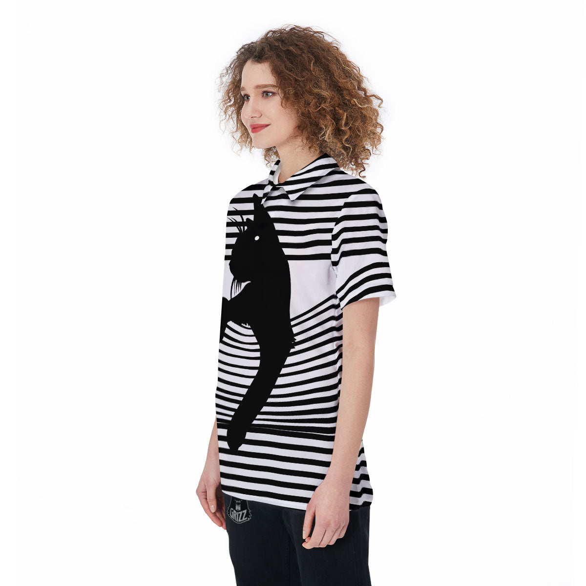 Striped Black Cat Print Women's Golf Shirts-grizzshop