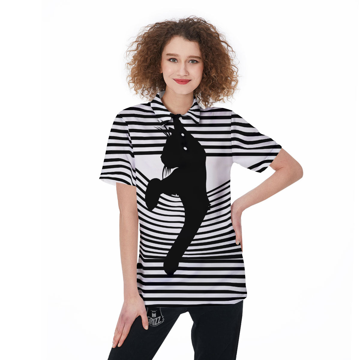Striped Black Cat Print Women's Golf Shirts-grizzshop