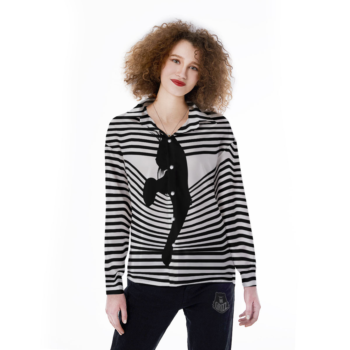 Striped Black Cat Print Women's Long Sleeve Shirts-grizzshop