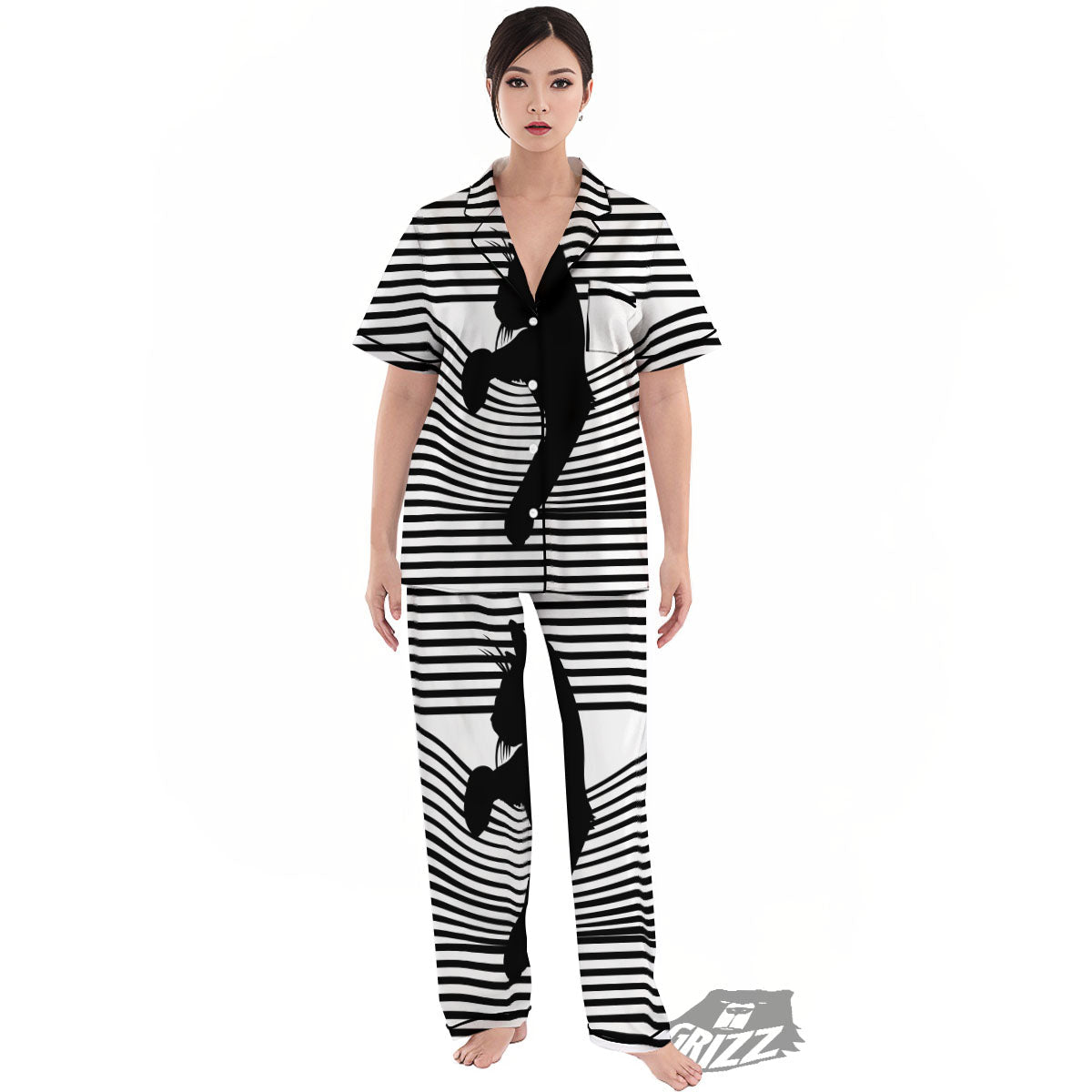 Striped Black Cat Print Women's Pajamas Set-grizzshop