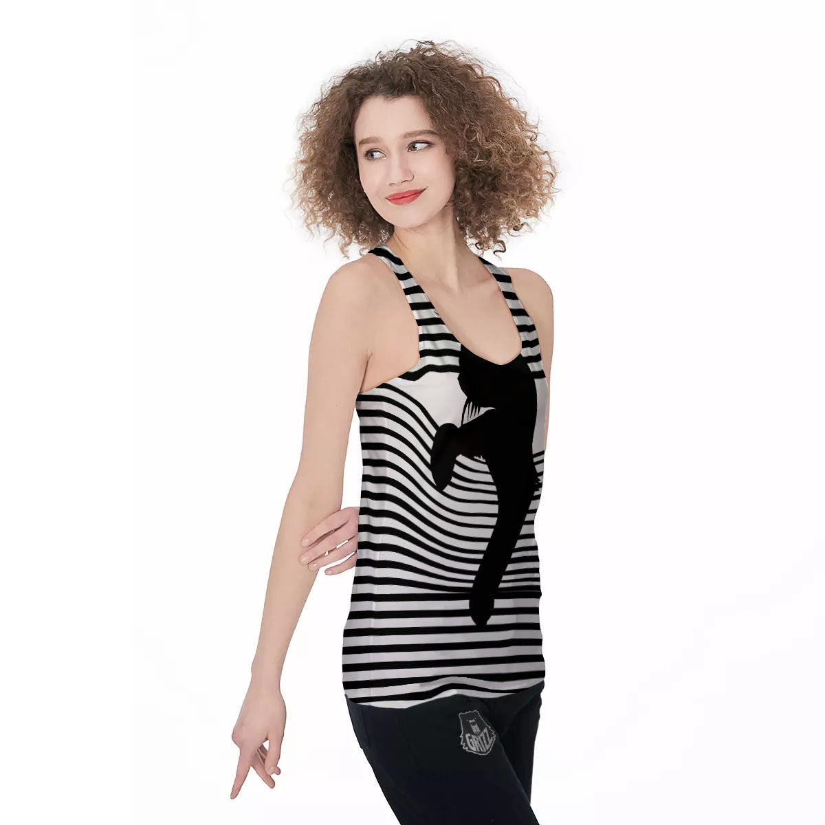 Striped Black Cat Print Women's Racerback Tank Top-grizzshop
