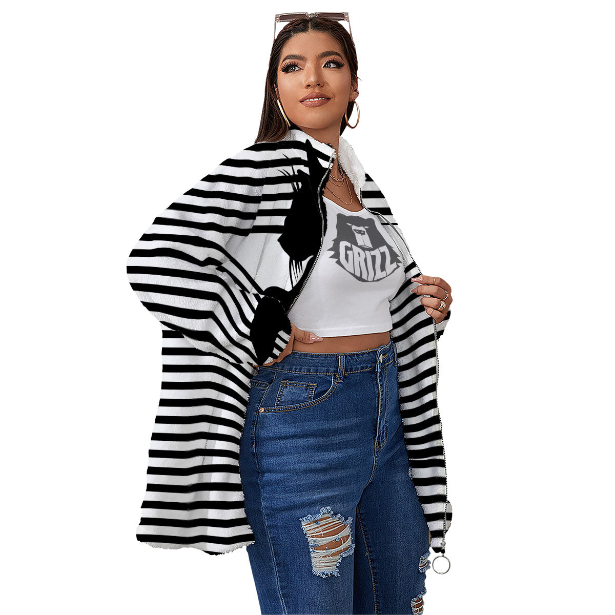 Striped Black Cat Print Women's Sherpa Jacket-grizzshop