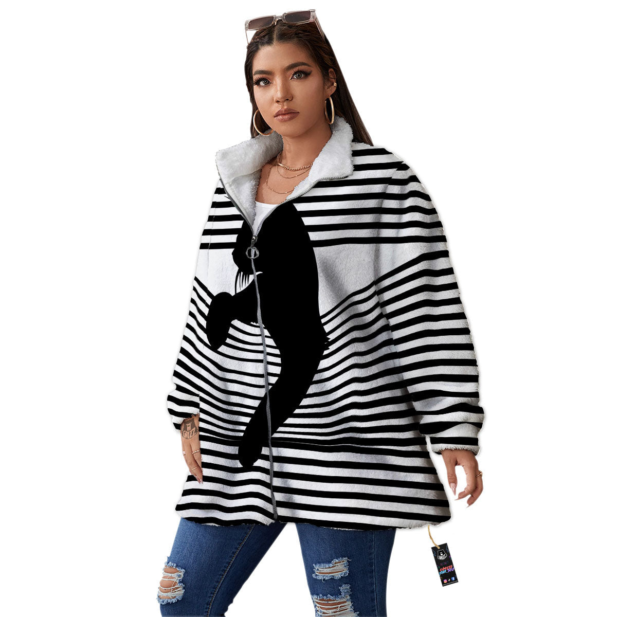 Striped Black Cat Print Women's Sherpa Jacket-grizzshop
