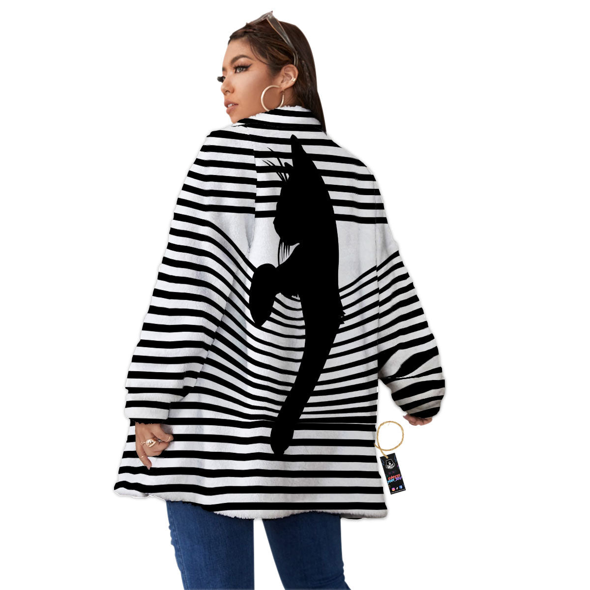 Striped Black Cat Print Women's Sherpa Jacket-grizzshop