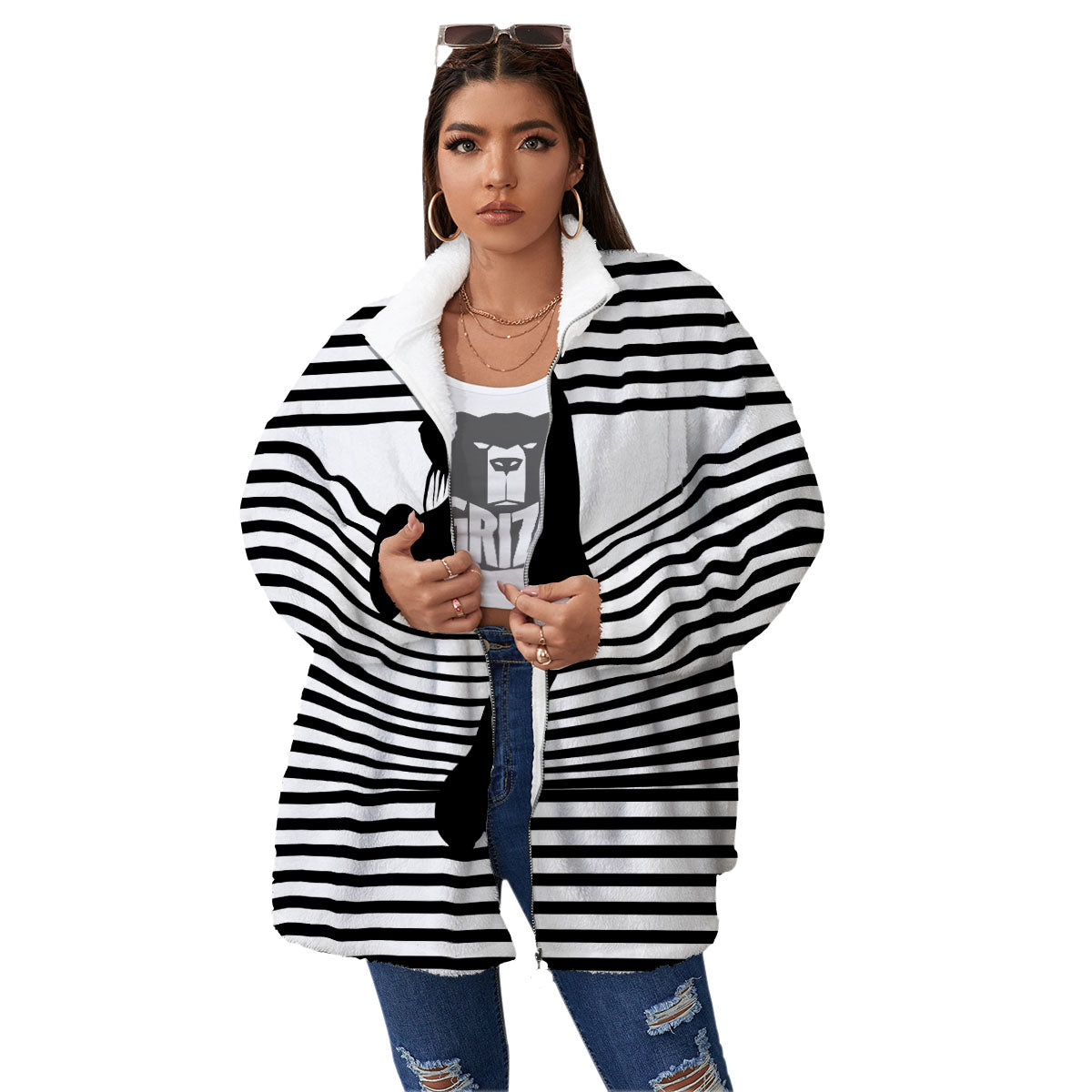 Striped Black Cat Print Women's Sherpa Jacket-grizzshop