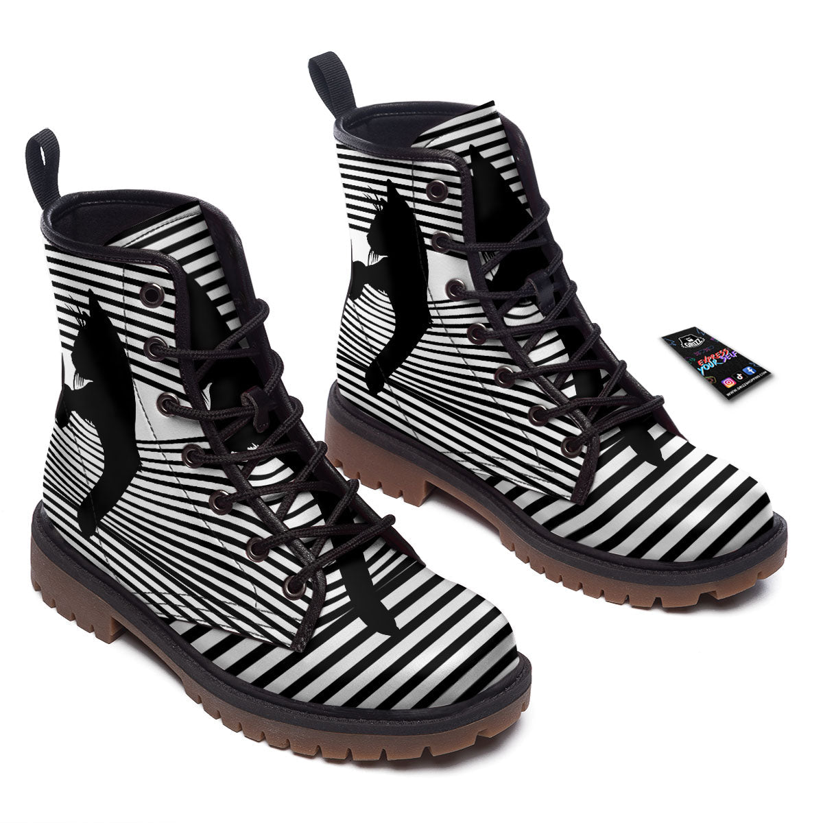 Striped Black Cat Print Work Boots-grizzshop