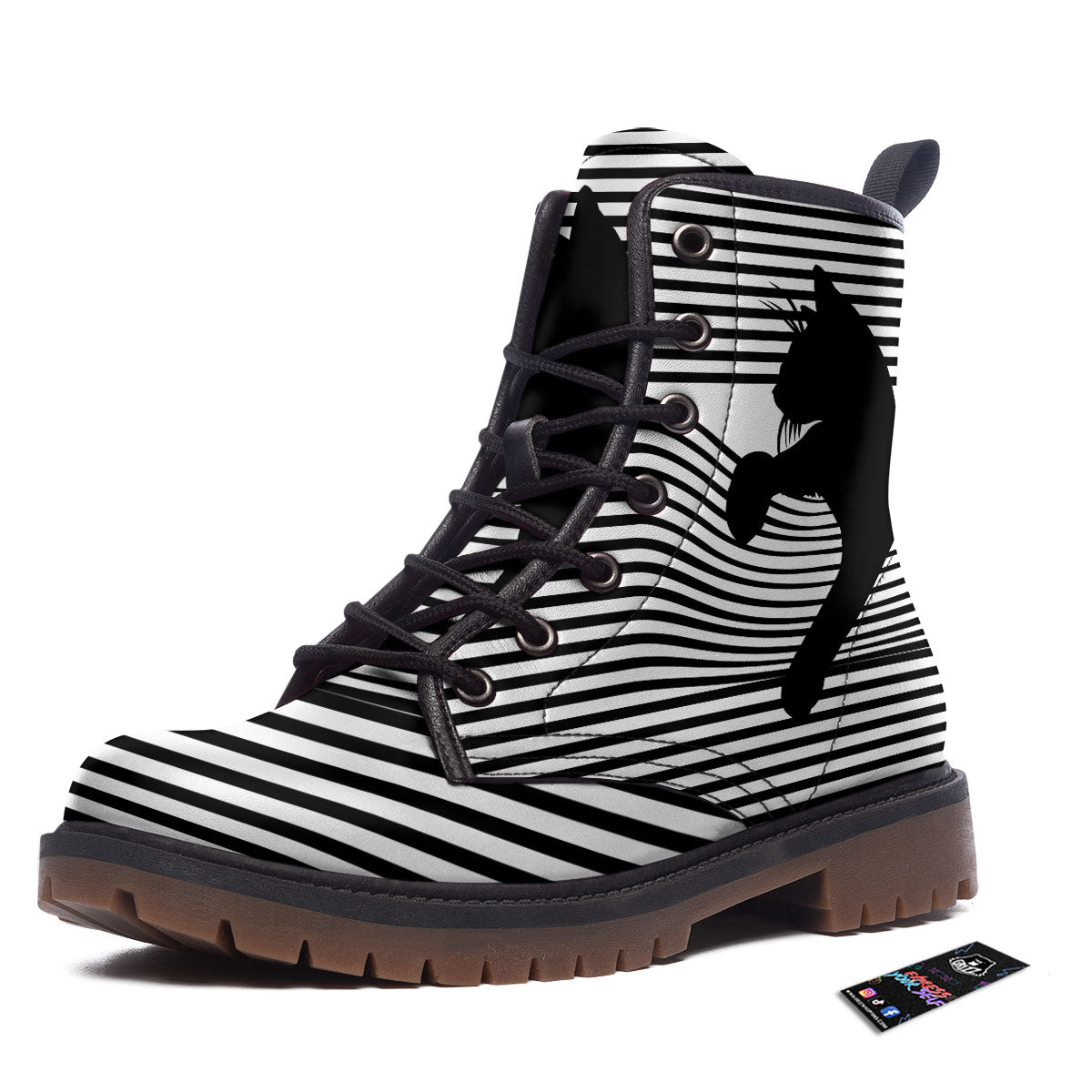 Striped Black Cat Print Work Boots-grizzshop